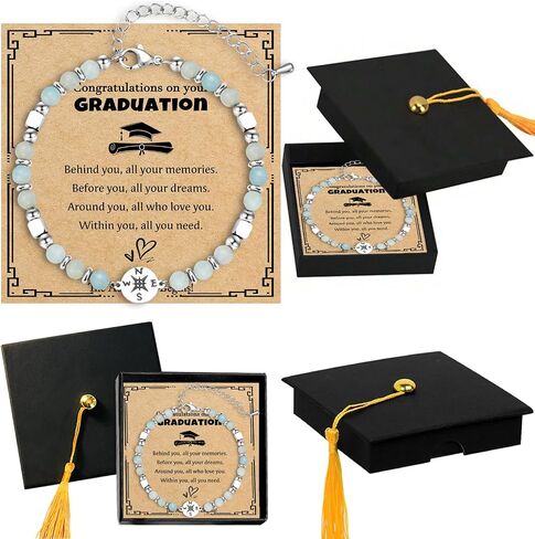 2026 Graduation Gift for Her - Natural Stone Compass Bracelet Gifts with Unique Grad Cap Box and Gift Card for Class of 2026, Adventure Begins Gifts, Gifts for Graduates in Saudi Arabia