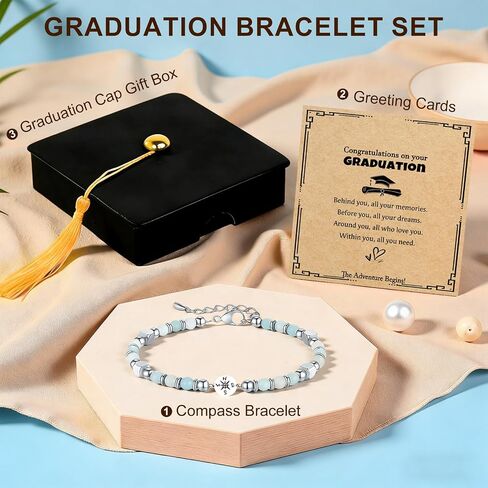 2026 Graduation Gift for Her - Natural Stone Compass Bracelet Gifts with Unique Grad Cap Box and Gift Card for Class of 2026, Adventure Begins Gifts, Gifts for Graduates in Saudi Arabia