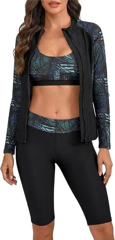 طقم SEAUR للسيدات مكون من 3 قطع من Rash Guard - UPF 50+ قميص سباحة بأكمام طويلة وسحاب أمامي مع حمالة صدر وشورت in Kuwait