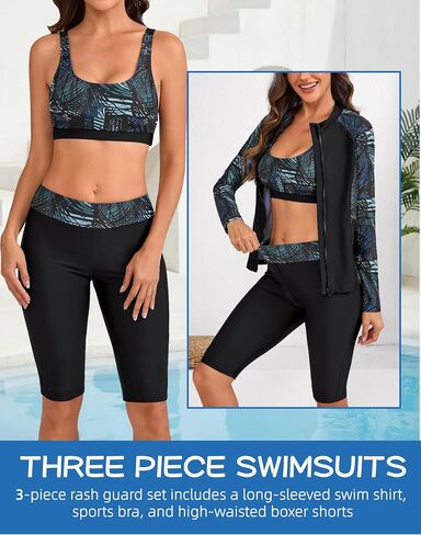 طقم SEAUR للسيدات مكون من 3 قطع من Rash Guard - UPF 50+ قميص سباحة بأكمام طويلة وسحاب أمامي مع حمالة صدر وشورت in Kuwait