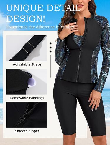 طقم SEAUR للسيدات مكون من 3 قطع من Rash Guard - UPF 50+ قميص سباحة بأكمام طويلة وسحاب أمامي مع حمالة صدر وشورت in Kuwait