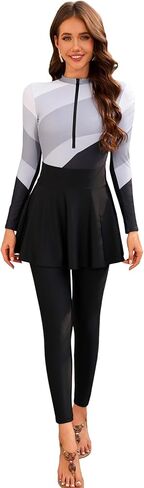 IDOPIP ملابس سباحة بوركيني مسلمة للنساء قطعة واحدة مع تنورة الشاطئ وسروال حماية من الطفح الجلدي مجموعة 3 قطعة بدلة استحمام متواضعة in Kuwait