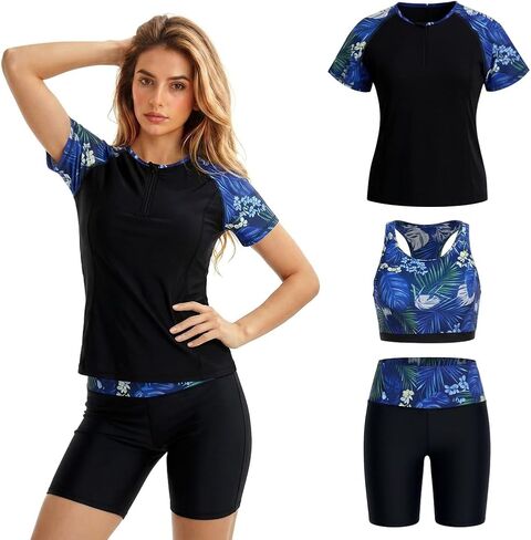 Owntop Short Sleeve Rash Guard for Women, 3 Piece Swimsuits with Built-in Bra, UPF 50+ Quick Dry Bathing Suit in Kuwait