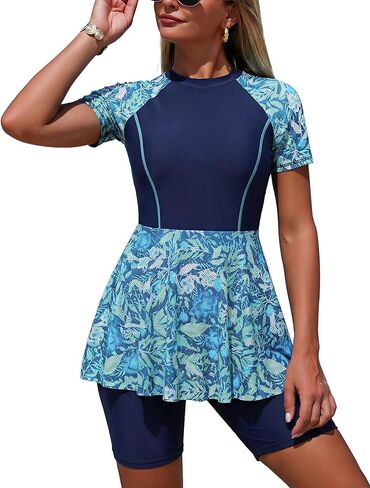 ODASDO Women's 2 Piece Rash Guard Swimsuit, UPF 50+ Printed Short Sleeve Swim Dress with Shorts Modest Bathing Suit Swimwear in Kuwait