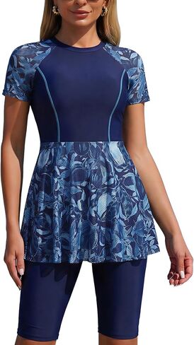 ODASDO Women's 2 Piece Rash Guard Swimsuit, UPF 50+ Printed Short Sleeve Swim Dress with Shorts Modest Bathing Suit Swimwear in Kuwait