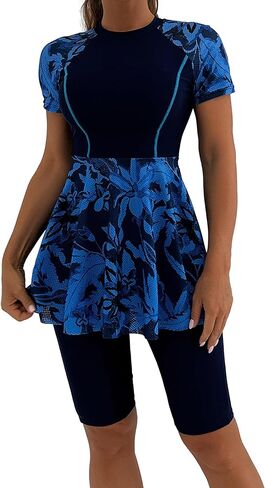ODASDO Women's 2 Piece Rash Guard Swimsuit, UPF 50+ Printed Short Sleeve Swim Dress with Shorts Modest Bathing Suit Swimwear in Kuwait