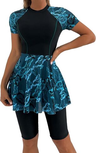 ODASDO Women's 2 Piece Rash Guard Swimsuit, UPF 50+ Printed Short Sleeve Swim Dress with Shorts Modest Bathing Suit Swimwear in Kuwait