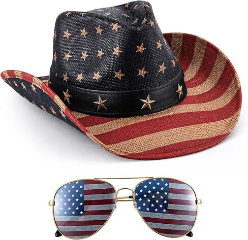 American Flag Straw Cowboy Hat with Theme Sunglass 4th of July Cowboy Hat for Men Women Patriotic Cowgirl Hat in Kuwait