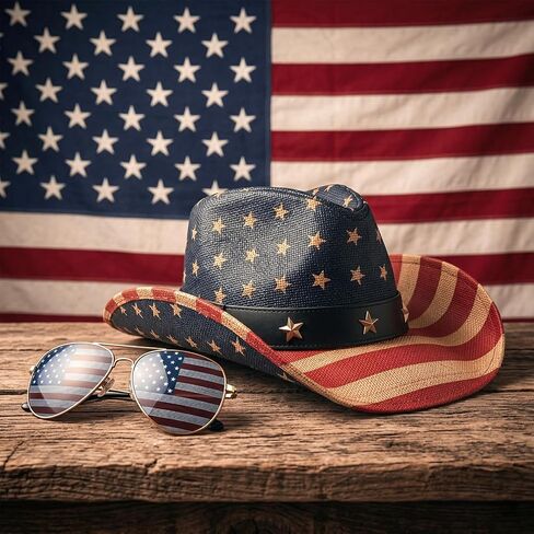 American Flag Straw Cowboy Hat with Theme Sunglass 4th of July Cowboy Hat for Men Women Patriotic Cowgirl Hat in Kuwait
