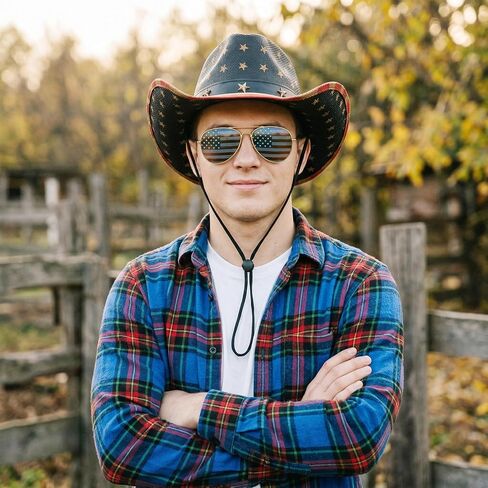 American Flag Straw Cowboy Hat with Theme Sunglass 4th of July Cowboy Hat for Men Women Patriotic Cowgirl Hat in Kuwait