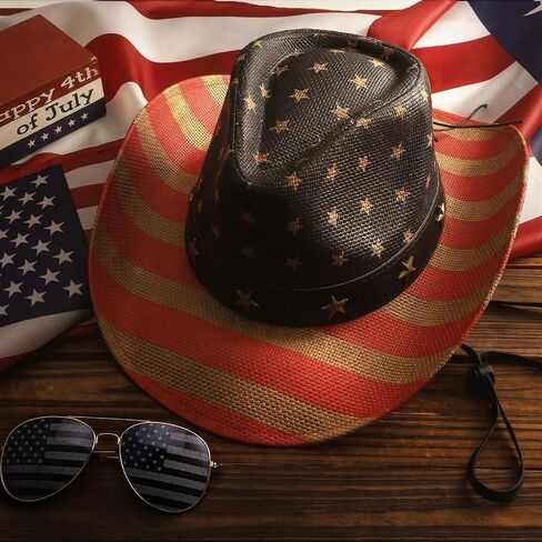 American Flag Straw Cowboy Hat with Theme Sunglass 4th of July Cowboy Hat for Men Women Patriotic Cowgirl Hat in Kuwait