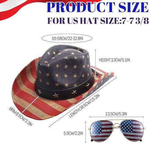 American Flag Straw Cowboy Hat with Theme Sunglass 4th of July Cowboy Hat for Men Women Patriotic Cowgirl Hat in Kuwait
