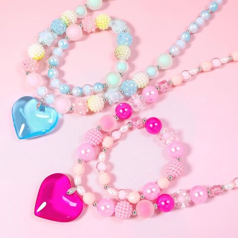 Beaded Necklace and Bracelet Set with Heart Pendant Gift Box Jewelry Set for Girls Choker Style Fashion Accessories in Kuwait
