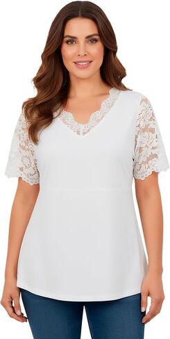 Jessica London Women's Plus Size Lace Trim V-Neck Top in Kuwait