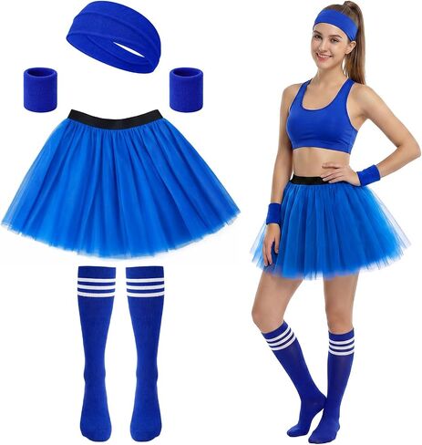 5Pcs Athletic Tutu Skirt Set for Women 3 Layered Tulle Skirt with Socks Workout Headband Wristbands for Running Dance Costume Parties Halloween (Blue) in Kuwait