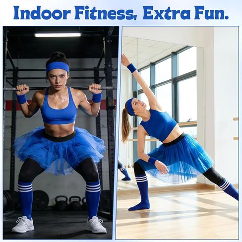 5Pcs Athletic Tutu Skirt Set for Women 3 Layered Tulle Skirt with Socks Workout Headband Wristbands for Running Dance Costume Parties Halloween (Blue) in Kuwait