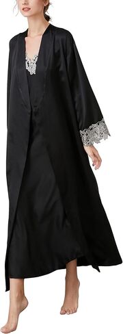 FEOYA Women's 2 Piece Satin Nightgown and Robe Sexy Silk Lace Pajamas Set Long V Neck Sleepwear for Ladies in Kuwait