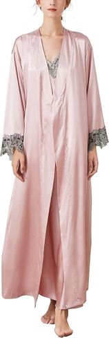 FEOYA Women's 2 Piece Satin Nightgown and Robe Sexy Silk Lace Pajamas Set Long V Neck Sleepwear for Ladies in Kuwait