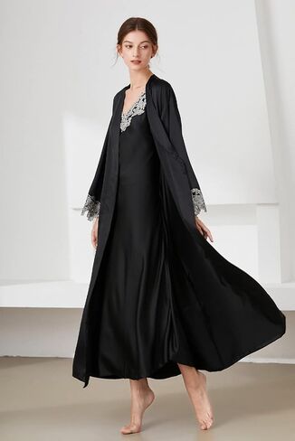 FEOYA Women's 2 Piece Satin Nightgown and Robe Sexy Silk Lace Pajamas Set Long V Neck Sleepwear for Ladies in Kuwait