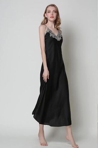 FEOYA Women's 2 Piece Satin Nightgown and Robe Sexy Silk Lace Pajamas Set Long V Neck Sleepwear for Ladies in Kuwait