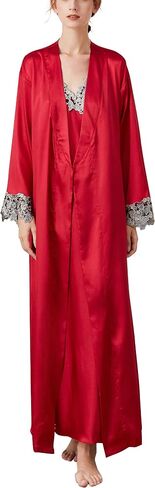 FEOYA Women's 2 Piece Satin Nightgown and Robe Sexy Silk Lace Pajamas Set Long V Neck Sleepwear for Ladies in Kuwait