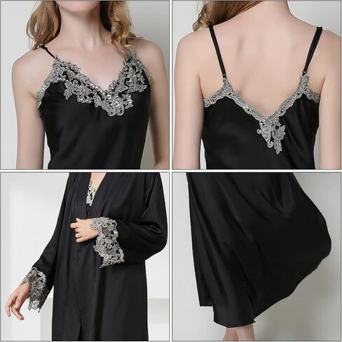 FEOYA Women's 2 Piece Satin Nightgown and Robe Sexy Silk Lace Pajamas Set Long V Neck Sleepwear for Ladies in Kuwait