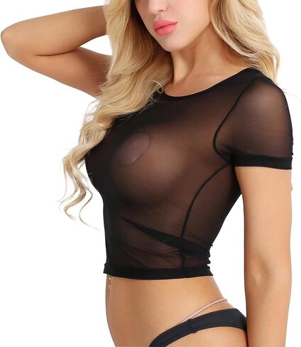 ROSVAJFY Women’s See Through Mesh Crop Top Sexy Sheer T Shirt Short Sleeve Tee Blouse Slim Fit Soft Lingerie Underwear Tops in Saudi Arabia