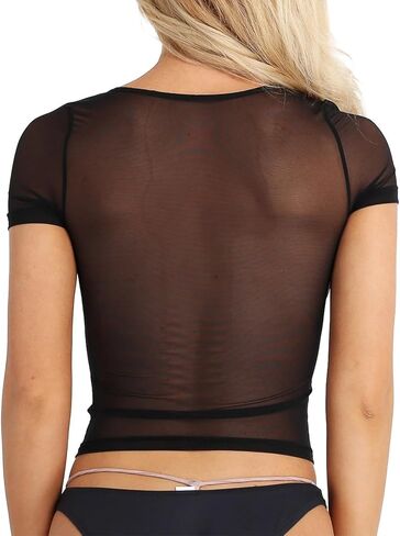 ROSVAJFY Women’s See Through Mesh Crop Top Sexy Sheer T Shirt Short Sleeve Tee Blouse Slim Fit Soft Lingerie Underwear Tops in Saudi Arabia