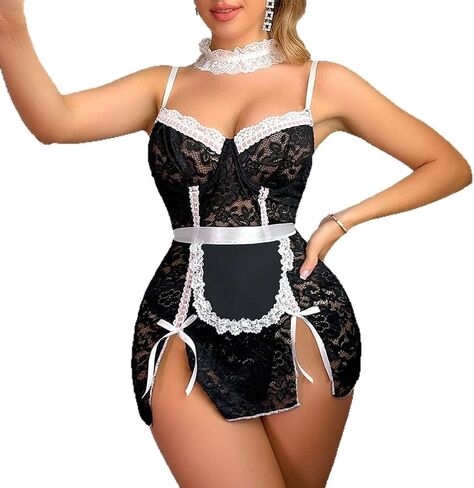 French Maid Lingerie For Women Sexy Sheer Mini Bodycon Babydoll Lace Lingerie Set 3 Piece Outfits Maid Set in Saudi Arabia