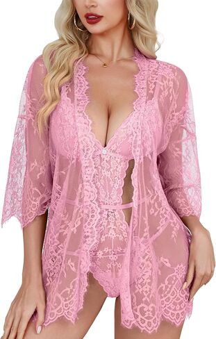 Womens Sexy Lingerie Set 2 Piece G-String Bodysuit with Robe Sleepwear Mesh Teddy Nightwear for Bridal Wedding in Kuwait