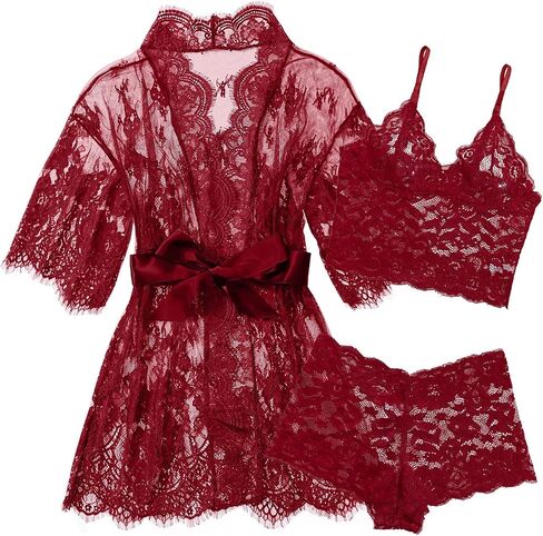 Sexy Floral Lace Eyelash Lingerie Set with Robe Pajamas 3 Piece in Kuwait