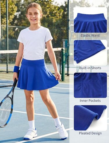 Girl's Tennis Skirts Built in Shorts Athletic Pleated Skirt Flowy Skort with Pockets for Kids 8-18 Years in Saudi Arabia