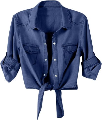 Girls' Denim Button Down Jackets Tie Front 3/4 Sleeve Blouse with Pockets Casual Western Cowgirl Top for Kids in Kuwait