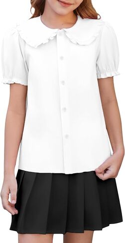 Girls Shirts Uniform Short Sleeve Blouses Peter Pan Collar School Shirt for Kids Cute Summer Tops 5-14Y in Kuwait
