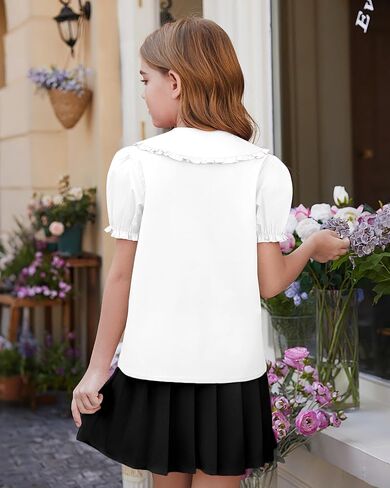 Girls Shirts Uniform Short Sleeve Blouses Peter Pan Collar School Shirt for Kids Cute Summer Tops 5-14Y in Kuwait