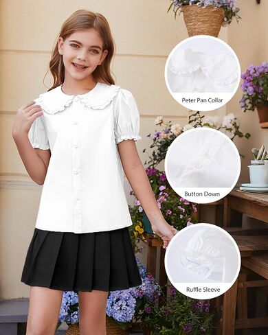 Girls Shirts Uniform Short Sleeve Blouses Peter Pan Collar School Shirt for Kids Cute Summer Tops 5-14Y in Kuwait