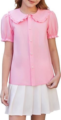 Girls Shirts Uniform Short Sleeve Blouses Peter Pan Collar School Shirt for Kids Cute Summer Tops 5-14Y in Kuwait