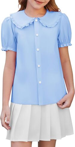 Girls Shirts Uniform Short Sleeve Blouses Peter Pan Collar School Shirt for Kids Cute Summer Tops 5-14Y in Kuwait