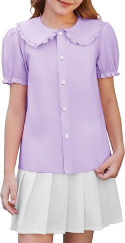 Girls Shirts Uniform Short Sleeve Blouses Peter Pan Collar School Shirt for Kids Cute Summer Tops 5-14Y in Kuwait