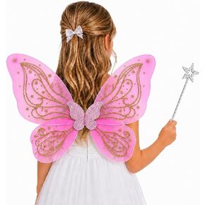 Butterfly Fairy Wings 24"x15.4" for Kids, Fairy Costume with Gold Star Patterns and Wand, Halloween Birthday Party Cosplay in Saudi Arabia