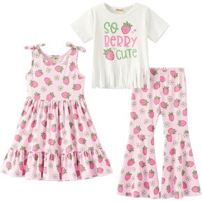 Girls’ 3-Piece Strawberry Outfit Set, Sleeveless Dress, Graphic Tee & Flared Pants, Soft Stretch Fabric, Ages 1-10 in Kuwait