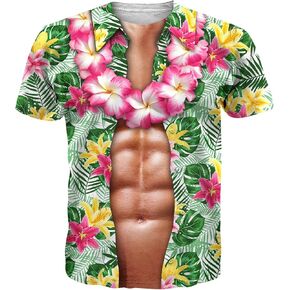 Mens Hawaiian Shirt with Abs Fake Muscle Shirts for Men 3D Funny Graphic Shirt S-XXL in Kuwait