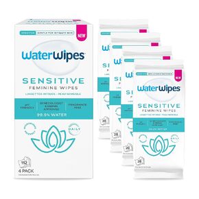 WaterWipes Sensitive Feminine Wipes, 99.9% Purified Water, pH Friendly for Daily Intimate Care, Gynecologist Approved, Fragrance Free, 50 Count (5 Packs) in Saudi Arabia