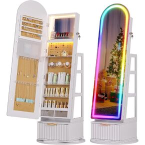 Dystler Arched Jewelry Cabinet with RGB Full-Length Mirror, 360° Swivel Standing Jewelry Armoire with Shelves & Drawer, Lockable Jewelry Organizers and Storage with Remote Control, Black in Saudi Arabia