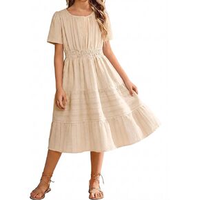 Tween Girls Summer Boho Dress Short Sleeve Tiered Smocked Solid Dresses Casual Sundress 6-14 Years in Saudi Arabia