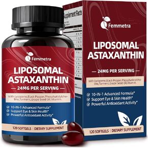 Liposomal Astaxanthin 24mg Supplements with Lycopene for Skin & Eye Health Support, 10-in-1 Max Strength Astaxanthin Antioxidant Supplement, Fresh Microalgae Source, Non-GMO, 120 Softgels in Saudi Arabia