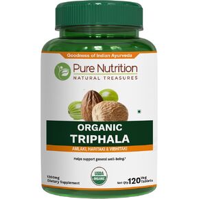 Pure Nutrition Organic Triphala Tablet - 1200mg | 120 Count | USDA Organic | Powerful Blend of Amlaki + Haritaki + Bibhitaki to Support Healthy Digestion | Non-GMO | Gluten-Free in Saudi Arabia