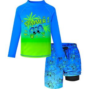 Boys Rash Guard Swim Set with Swim Trunk Two Piece Bathing Suit Long Sleeve Swim Shirt Quick Dry Swimsuit Kids Swimwear 7-16Y in Kuwait