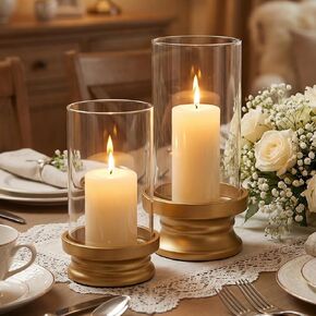 Gold Hurricane Candle Holders Set of 2 with Glass - Modern Pillar Candle Stands for Fireplace Mantel, Dining Table Centerpiece & Home Decor, 7.1" & 9" High in Saudi Arabia