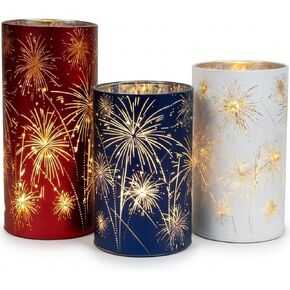Set of 3 LED Hurricane Candle Holders with Warm White Twinkling Lights, Etched Firework Starburst Glass Pedestal Centerpiece for Mantel, Dining Table, Wedding and Holiday Decor in Kuwait